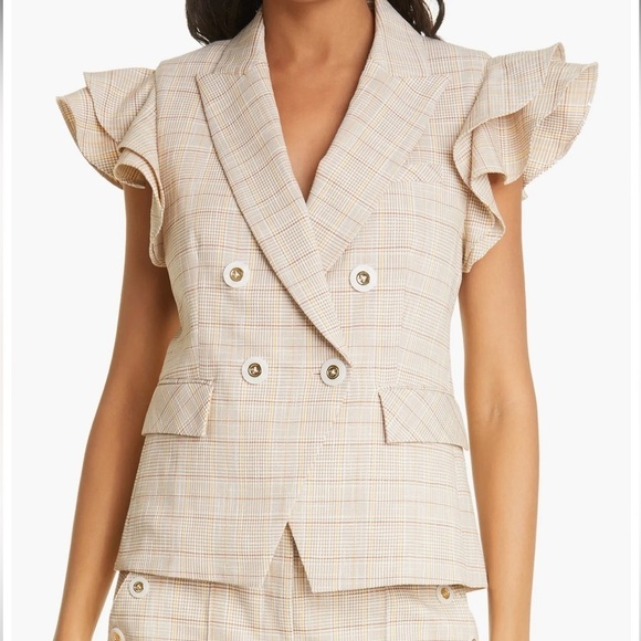 Veronica Beard Double Breasted Janae Khaki Plaid Flutter-Sleeve Vest NWT Size 12 - Picture 1 of 12